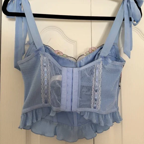 Blue Floral Embroidered Corset Top – Lace Trim Ribbon Tie Cami - Picture 7 of 9